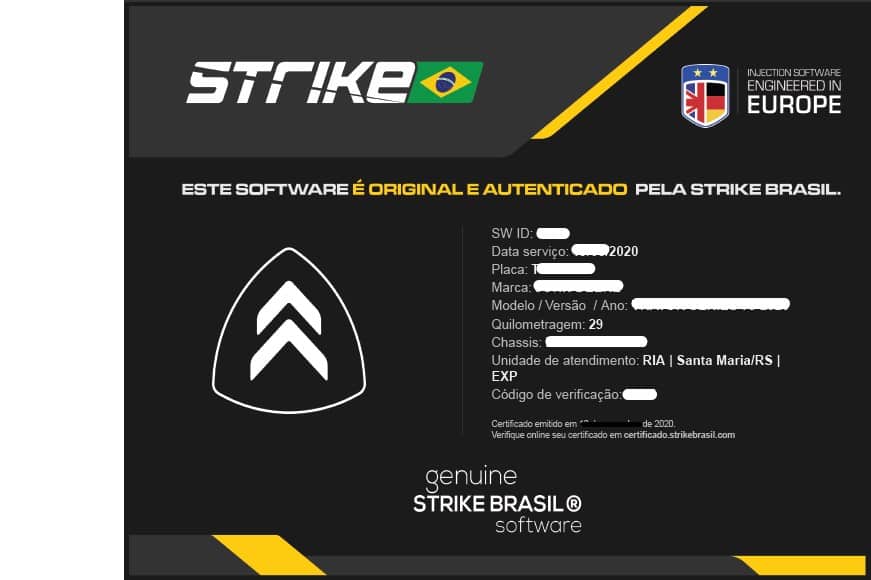 Modelo de um certificado de Autenticidade Strike Brasil