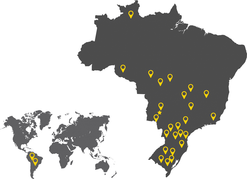 mapa com pins amarelos das localizações onde tem strike brasil 